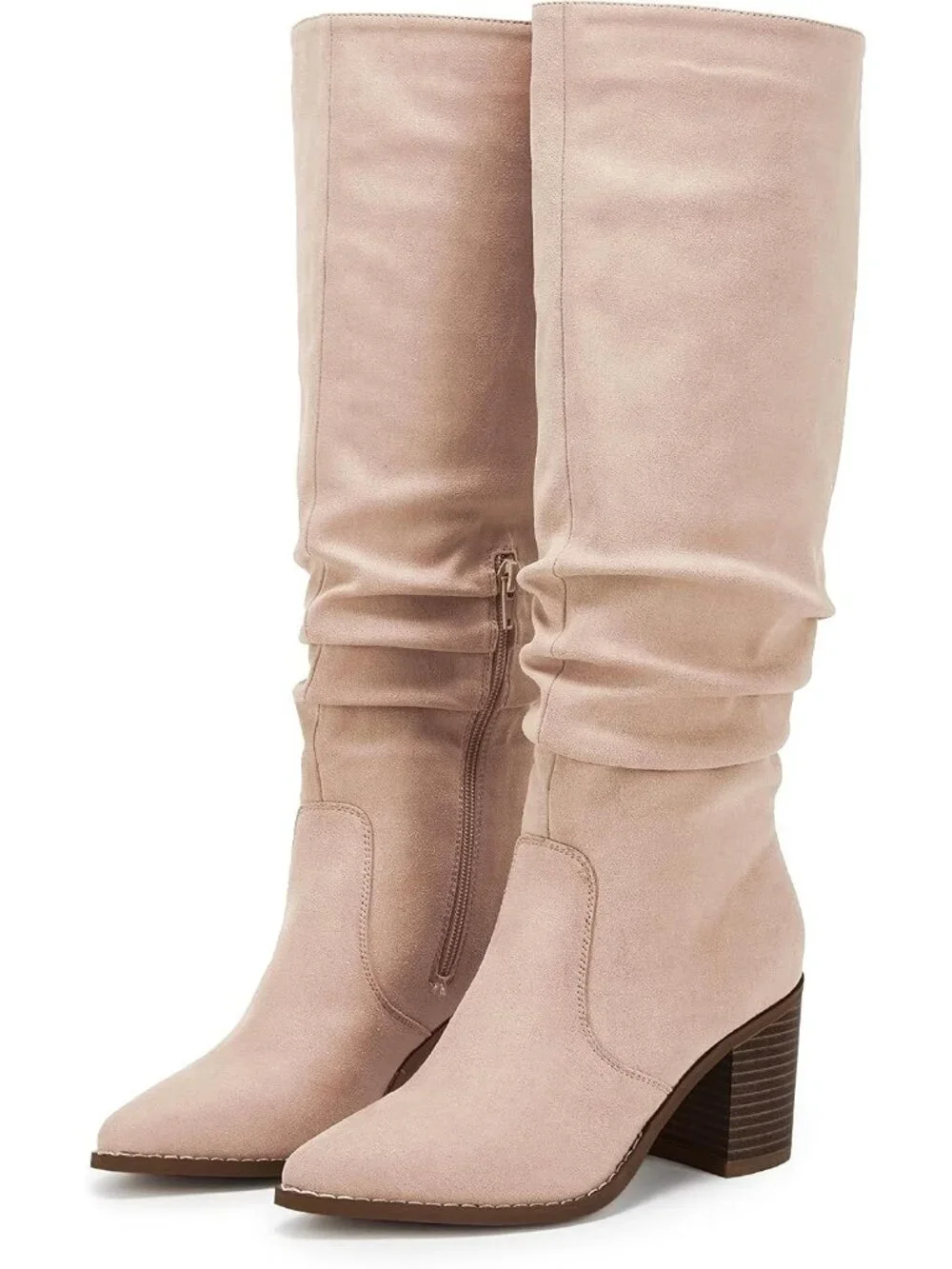 Women's Nude Pointed Toe Mid Chunky Heel Side Zipper Over The Knee Boots